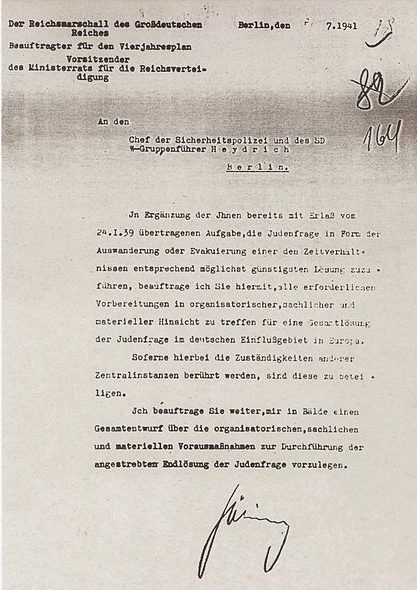 31 Luglio 1941 – Autorizzazione di Hermann Göring per Reinhard Heydrich a preparare una «soluzione globale della questione ebraica»