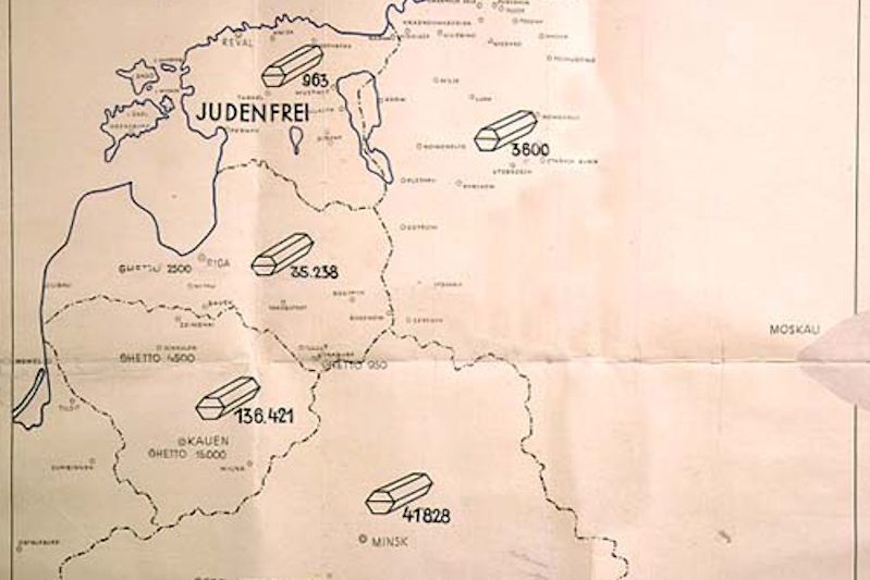 Mappa di Stahlecker, allegata al suo rapporto a Reinhard Heydrich, utilizzando il conteggio delle esecuzioni dal rapporto aggiornato di Jäger - Einsatzgruppe A