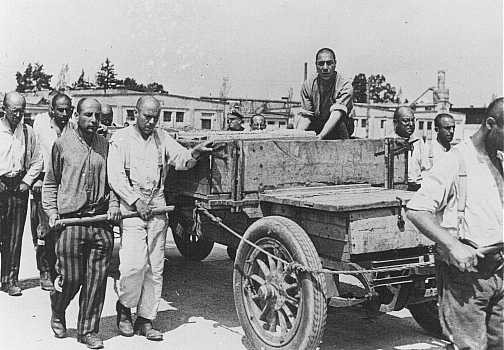 Prigionieri ai lavori forzati. Foto scattata durante un'ispezione delle SS. Campo di concentramento di Dachau, Germania, 28 giugno 1938.