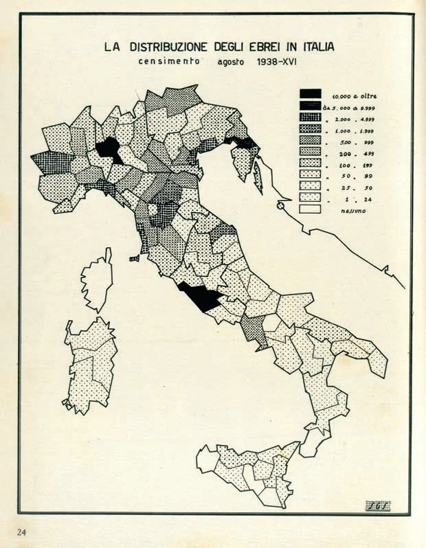 Il Censimento agosto 1938 apparso sulla rivista “La Difesa della Razza” nell’edizione del 20 ottobre 1938, mostra la presenza ebraica nelle provincie italiane.